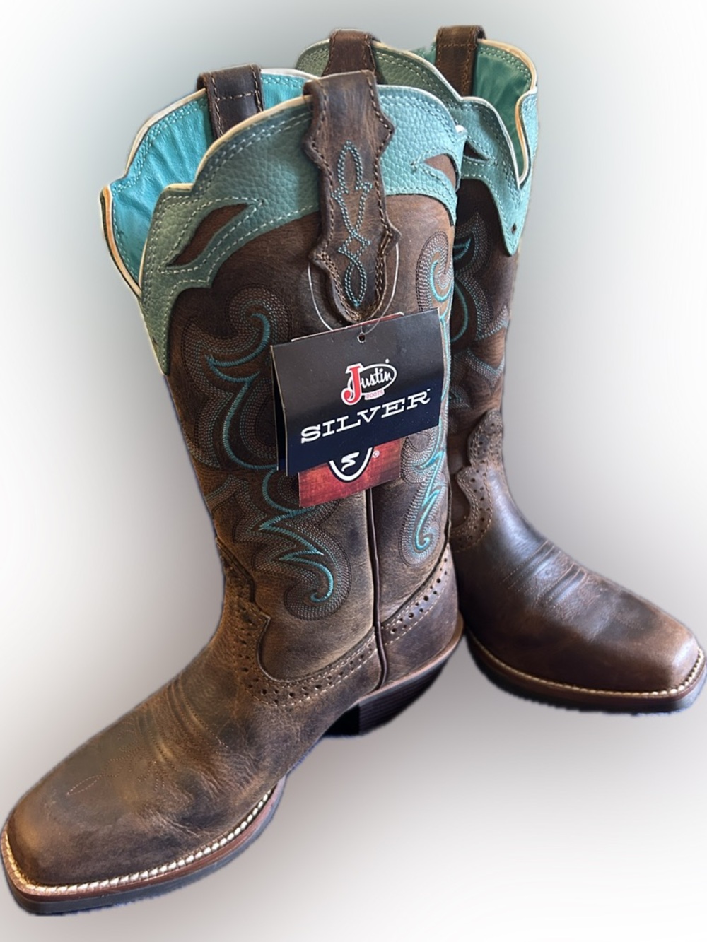 Justin Boots Brown Leather Cowboy Boots with Turquoise Top Trim - Picture 2 of 12